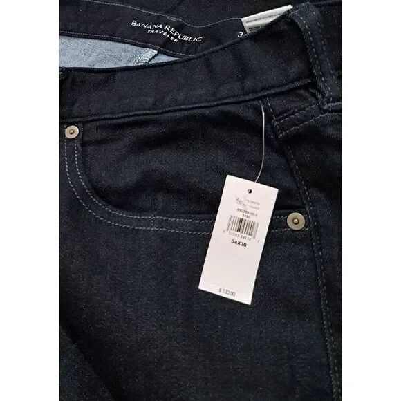 Banana Republic Mens 34/30 TRAVELER TAPERED FIT DARK BLUE Jeans Pants $130
